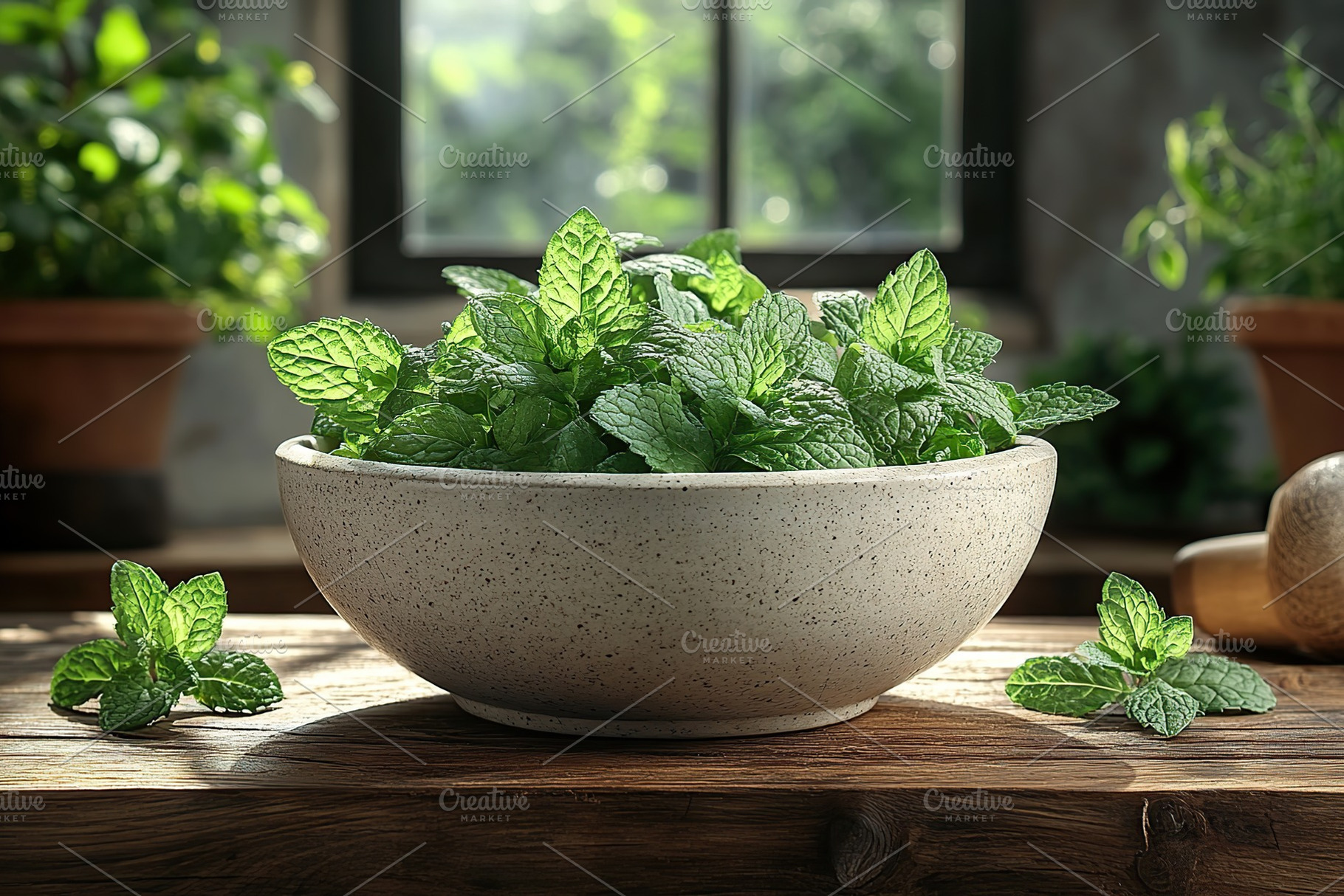 Green mint leaves in modern stone mortar on wooden table, a Food & Drink Photo by AlyaAnd