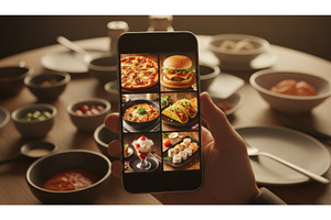 Hand holding smartphone displaying, a Food & Drink Photo by Igor Tichonow