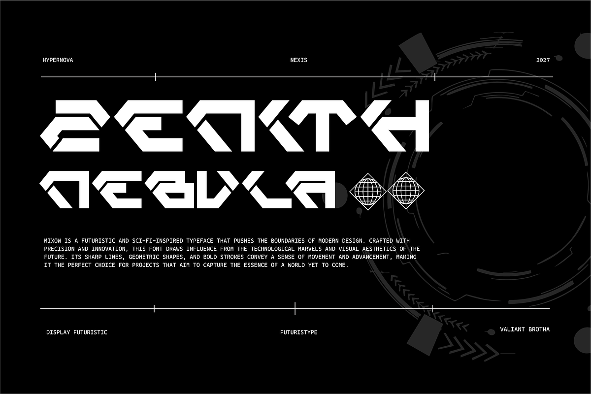 VB Mixow - Futuristic Display Font, a Sans Serif Font by VALIANTBROTHA (Photo 9 of 11)