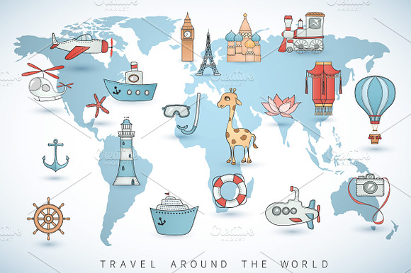 Travel Icons On The World Map.