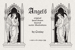 Angels Hand-Drawn Gothic Vector Arts, a Decorative Illustration by Croisy
