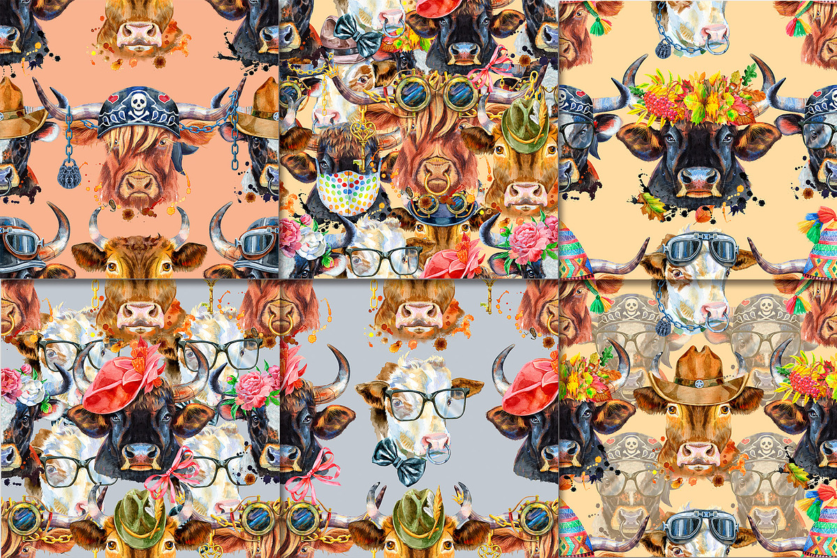 Seamless pattern of watercolor bulls, an Animal Illustration by Watercolor fantasy (Photo 4 of 6)