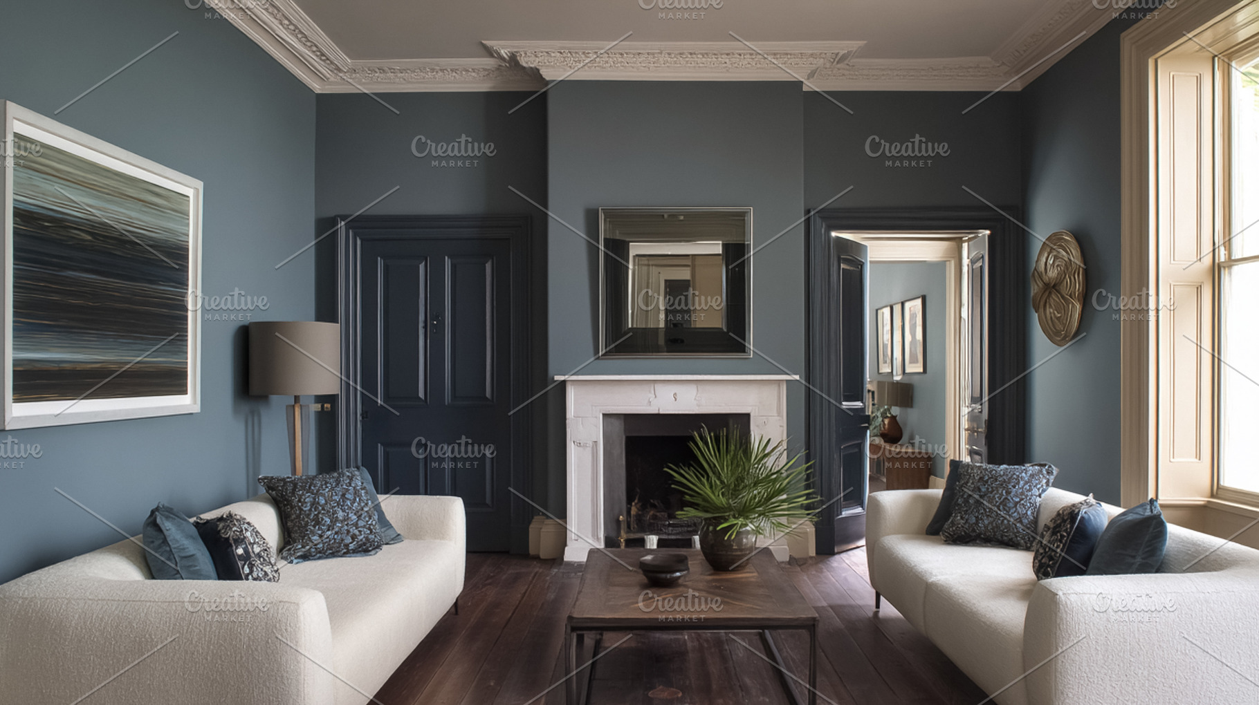 Living room featuring dark blue walls, light sofas, a modern cof, a Photo by Studio ANNA