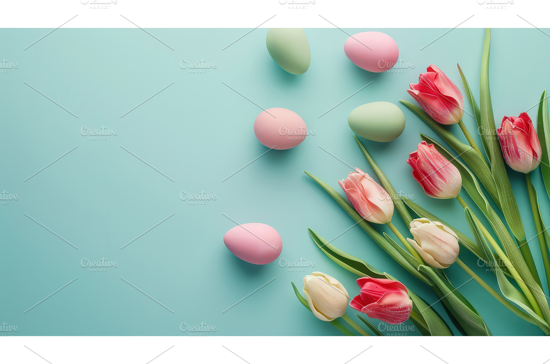 Pastel Easter eggs and tulips on, a Holiday Photo by piter.goskov