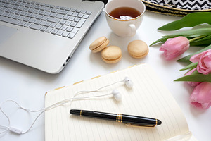 Modern and clean styled desk mock up containing flat lay, modern, and clean