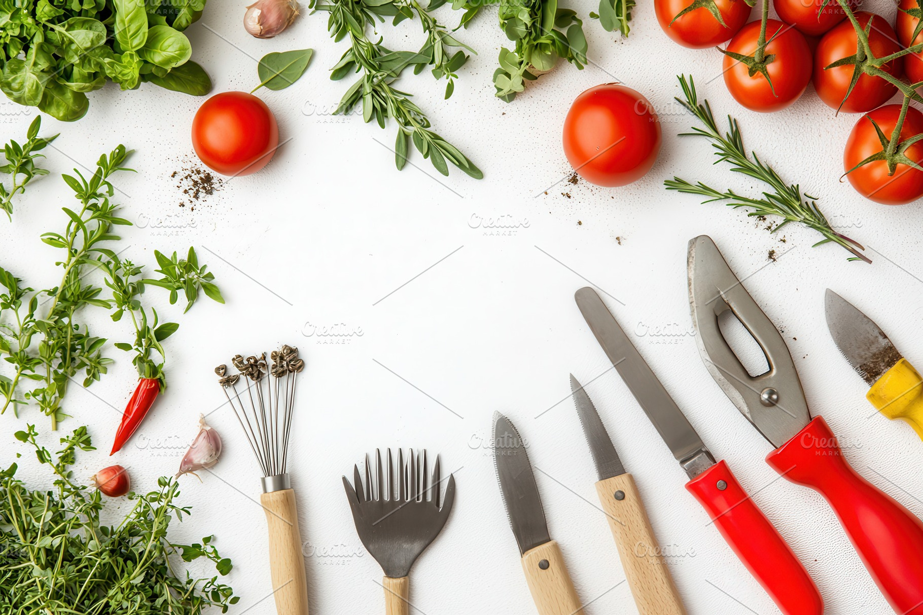 Essential gardening tools on white, a Photo by Pavel_design
