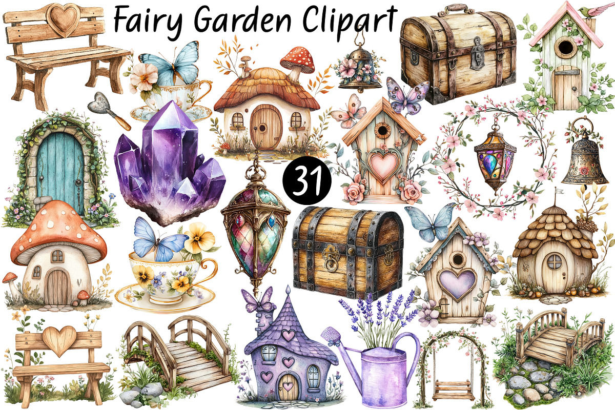 Watercolor Fairy Garden Clipart, a Seasonal Illustration by CitraGraphics (Photo 1 of 7)