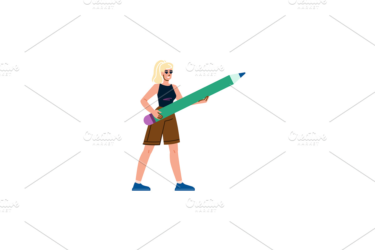 Woman designer holding big pencil, an Illustration by pikepicture