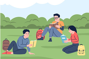 Studying in the park. Students group, an Education Illustration by LadadikArt