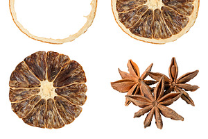 A collection of various spices and dried citrus, dried orange  s, a Food & Drink Photo by ndanko