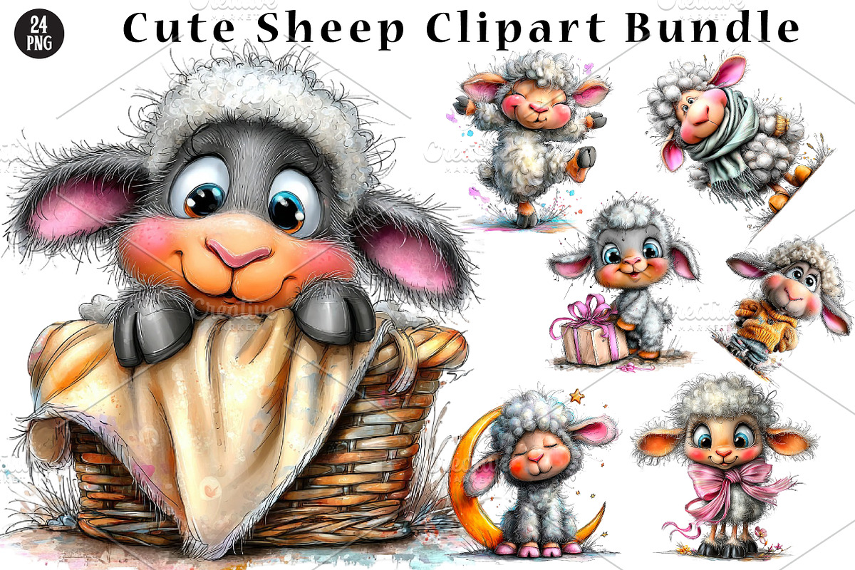 Cute Sheep Clipart Bundle, a Seasonal Illustration by CreationArt (Photo 1 of 5)