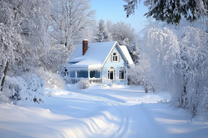 A charming blue Colonial Revival house style surrounded by a winter wonderland,, an Architecture Photo by Textures & Backgrounds