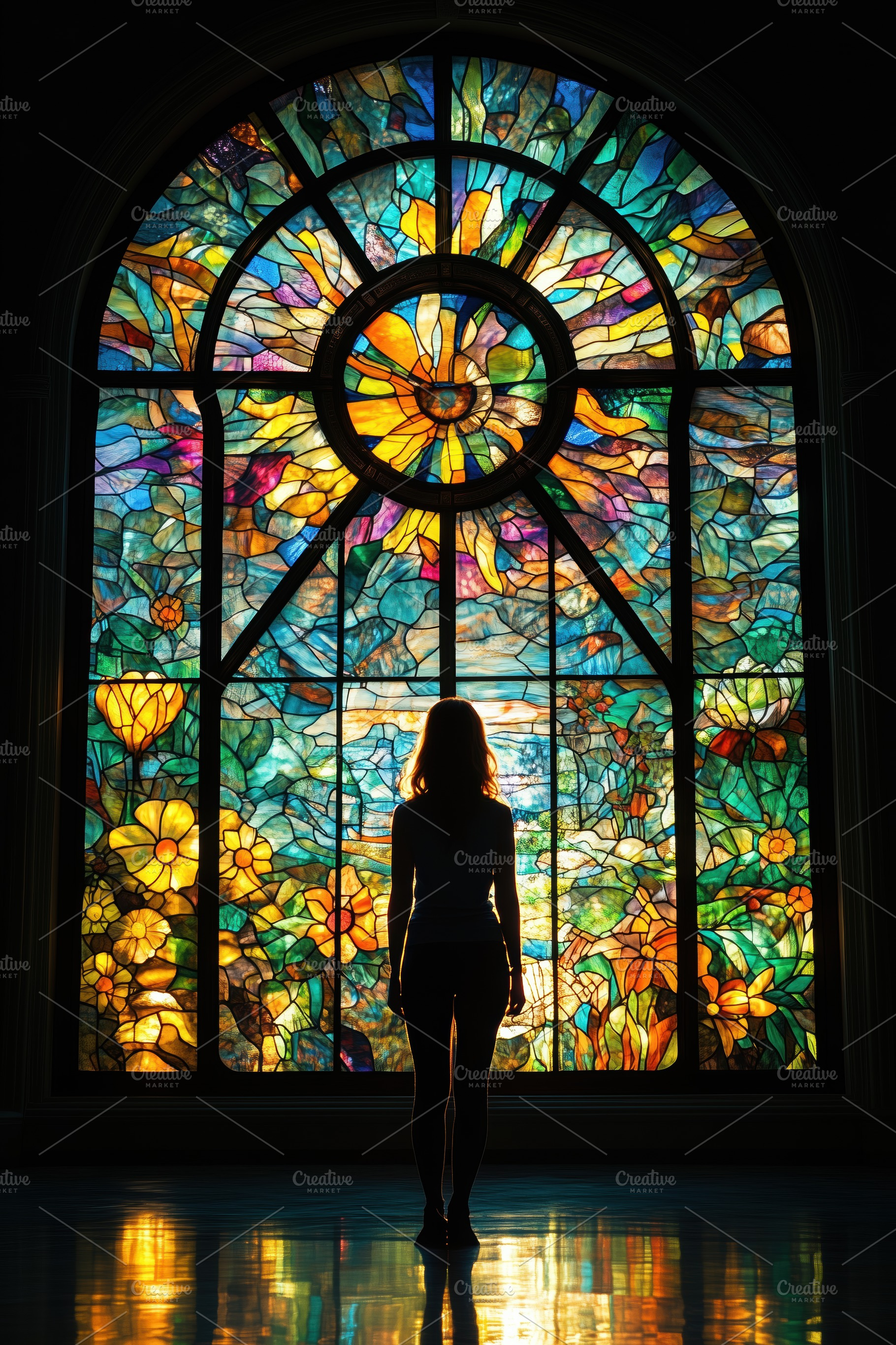 A silhouette of a stained glass artist person standing in front of a large, col, a Person Photo by Textures & Backgrounds