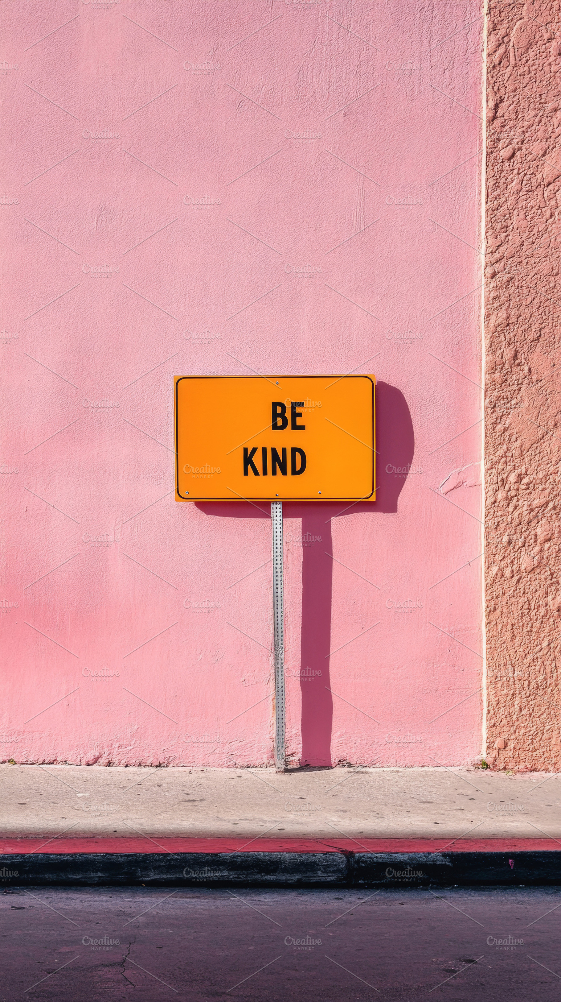 Sign with phrase Be Kind on color city street wall in urban sett, a Photo by Dvoevnore photos