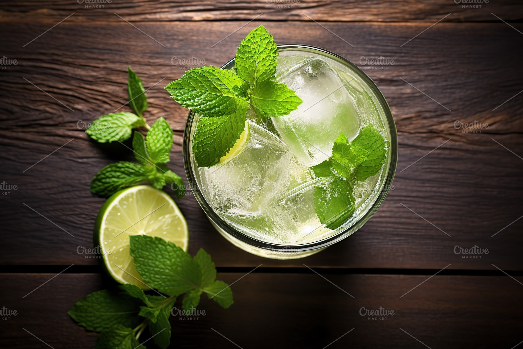 Flat lay of alcoholic mojito with ice and mint on wooden background, a Food & Drink Photo by AlyaAnd