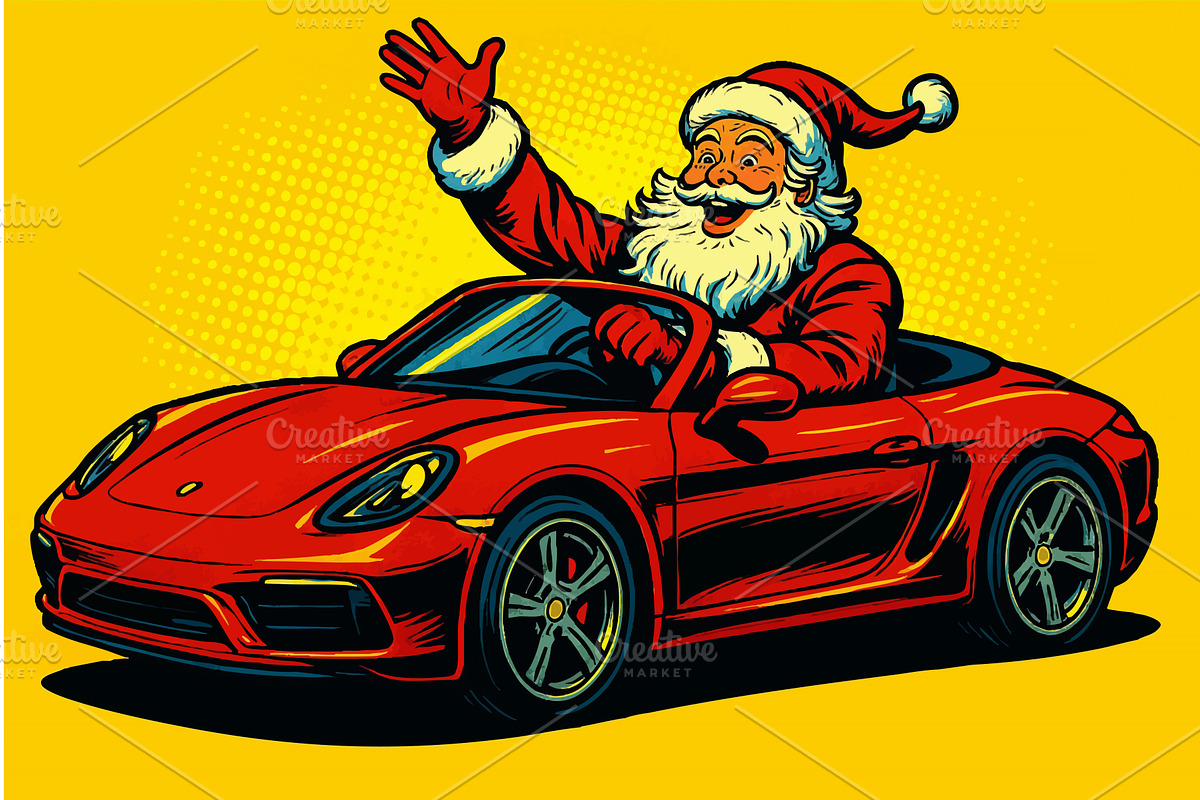 Santa Claus Driving Sports Car, an Illustration by AlexArt