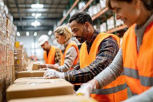 Team of workers packing boxes in warehouse during busy distribution period, a Photo by AlyaAnd