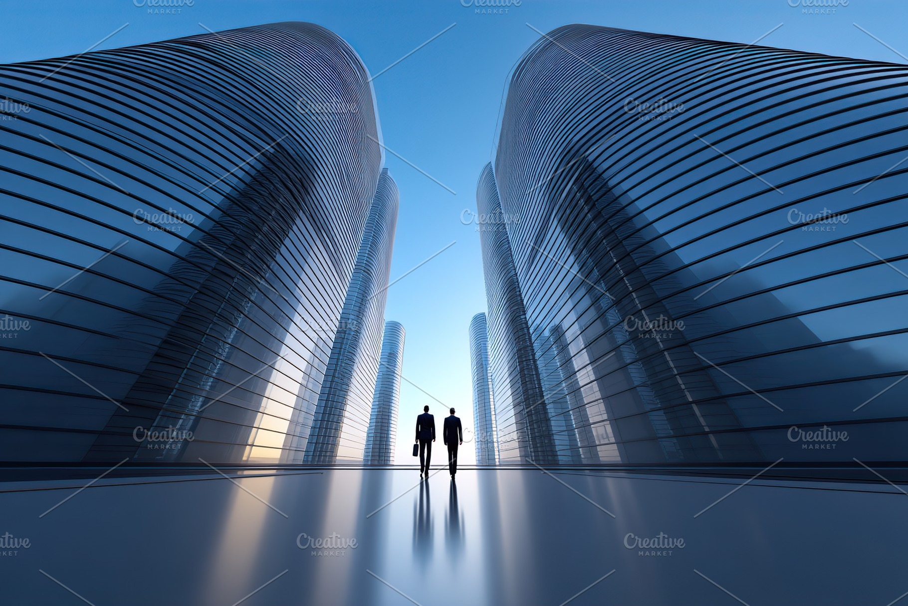 Business professionals walking through modern architecture in a city at dusk, an Architecture Photo by AlyaAnd