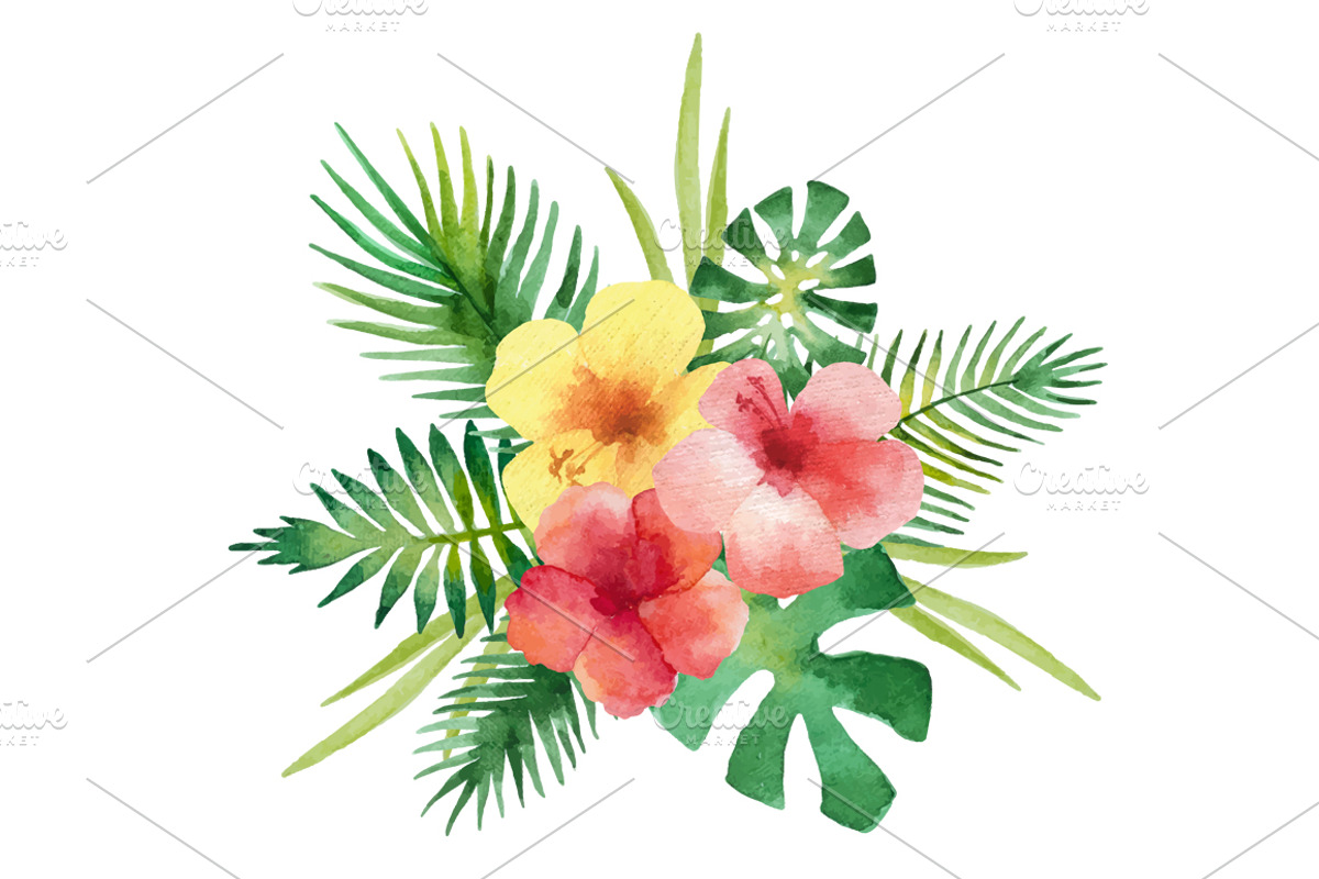 Tropical flowers and leaves., a Decorative Illustration by Elena Medvedeva (Photo 6 of 8)