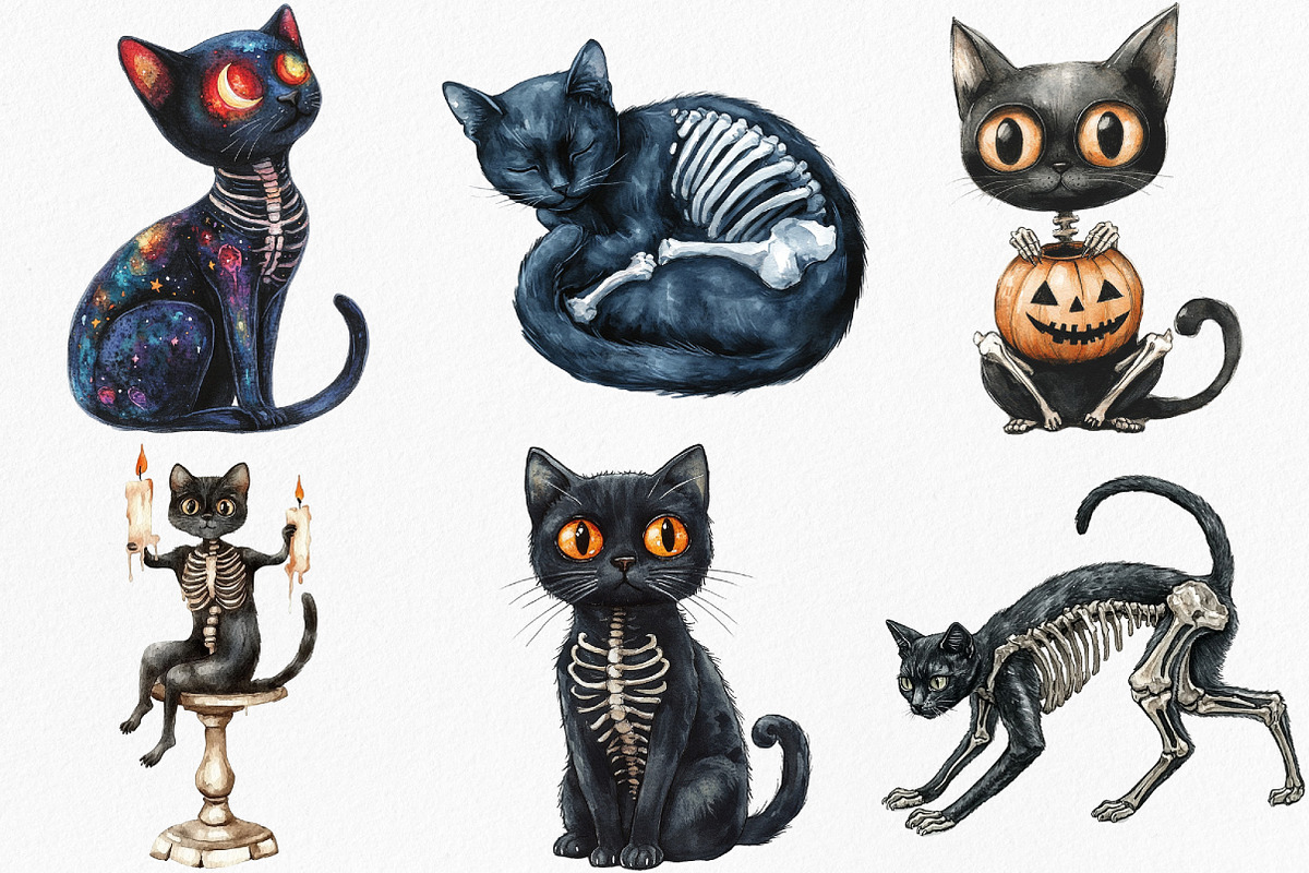 Watercolor Skeleton Black Cat Clipar, an Illustration by Canvas Craft (Photo 2 of 7)