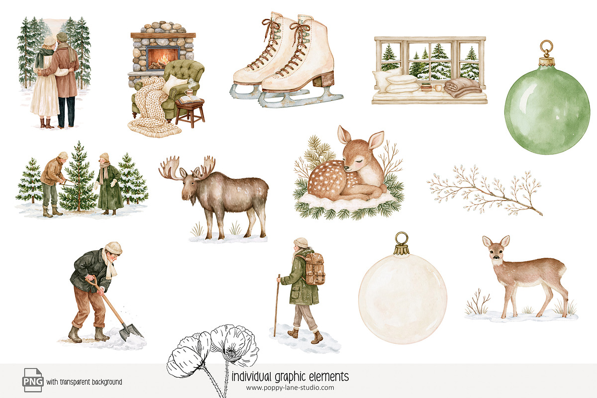 120 winter woodland clip art, a Seasonal Illustration by Poppy Lane Studio