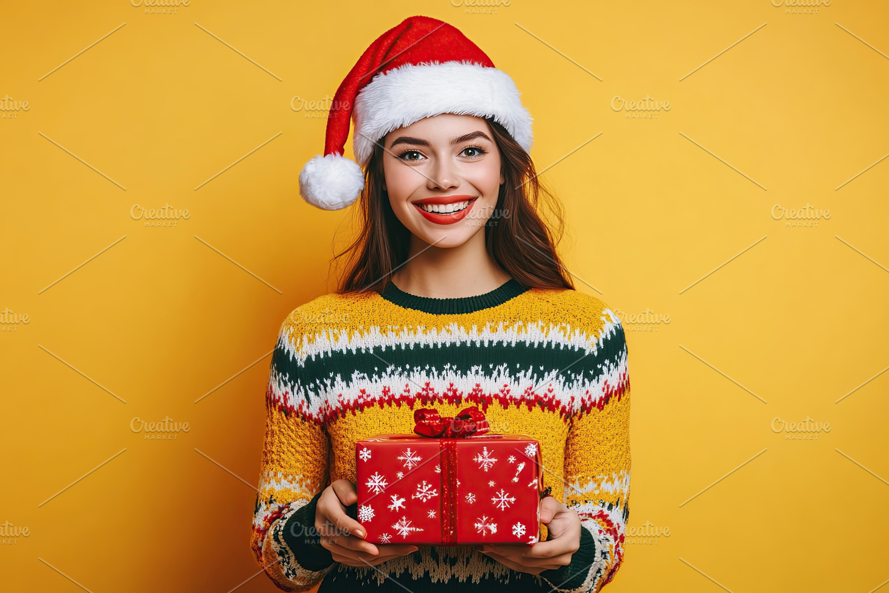 Cute young woman in knitted christmas sweater and santa hat holding in hands gi, a Photo by AlyaAnd