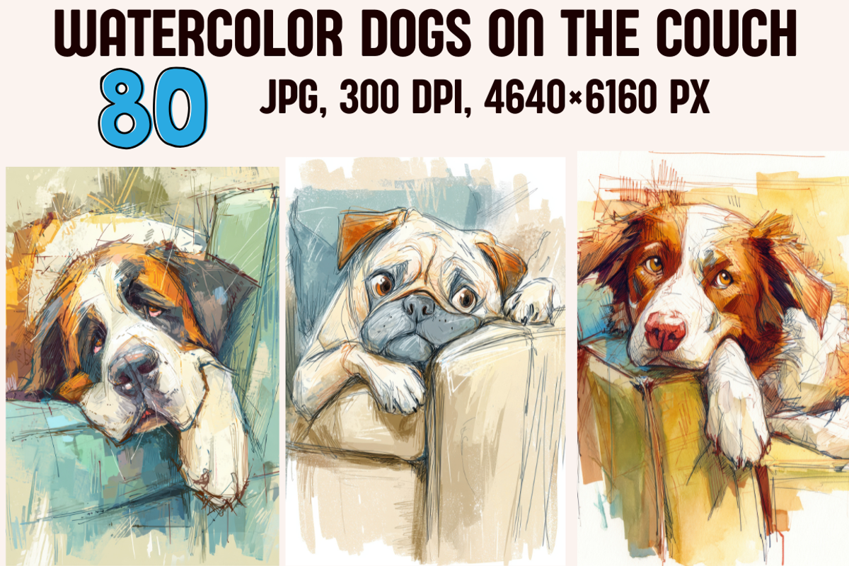 Watercolor Dogs on the Couch, an Animal Illustration by PrintHaven Designs (Photo 1 of 10)