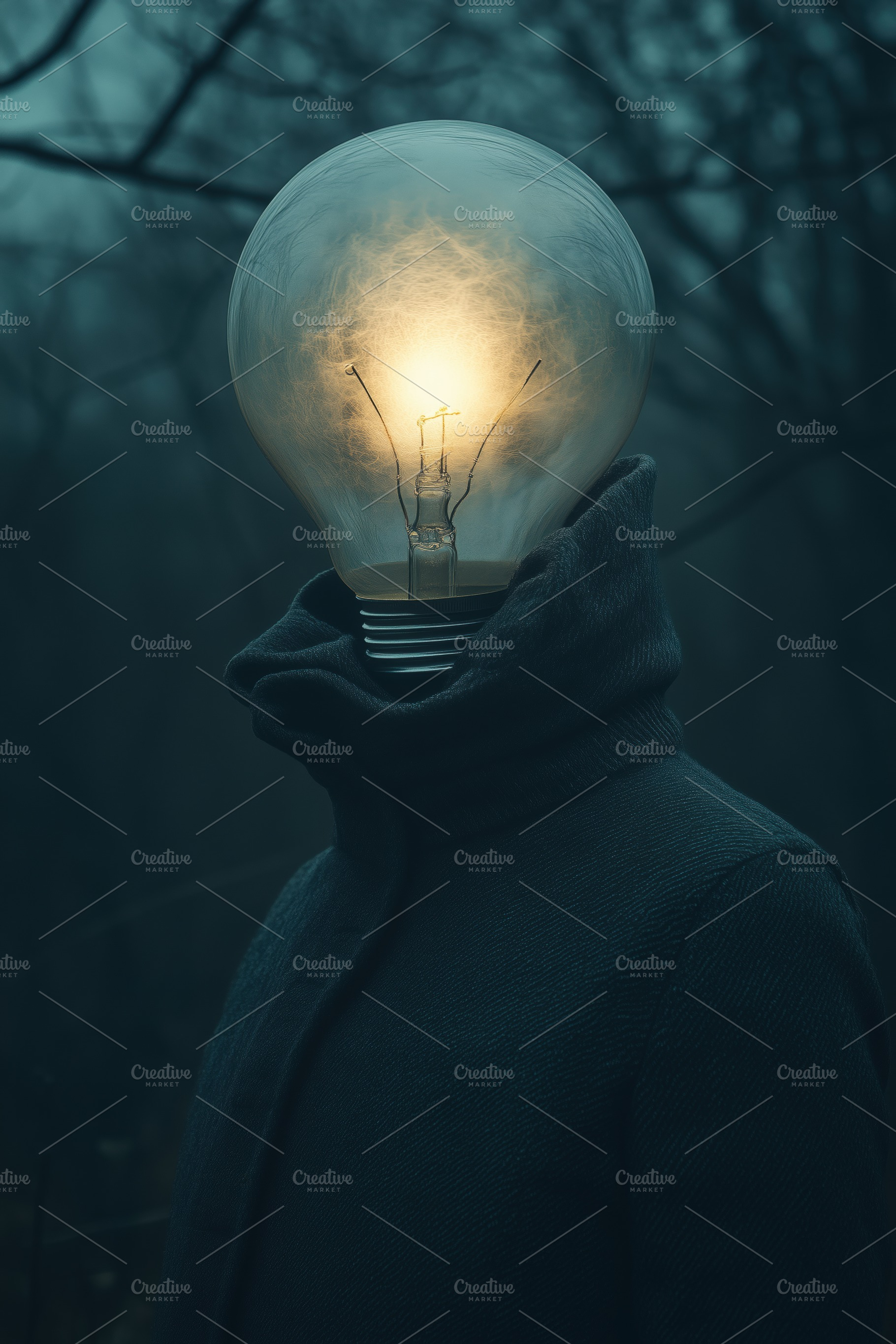 A surreal psycholinguist figure with a light bulb for a head, standing in a fog, a Person Photo by Textures & Backgrounds
