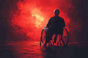 Individual in a wheelchair gazes at, a Photo by Tanuart