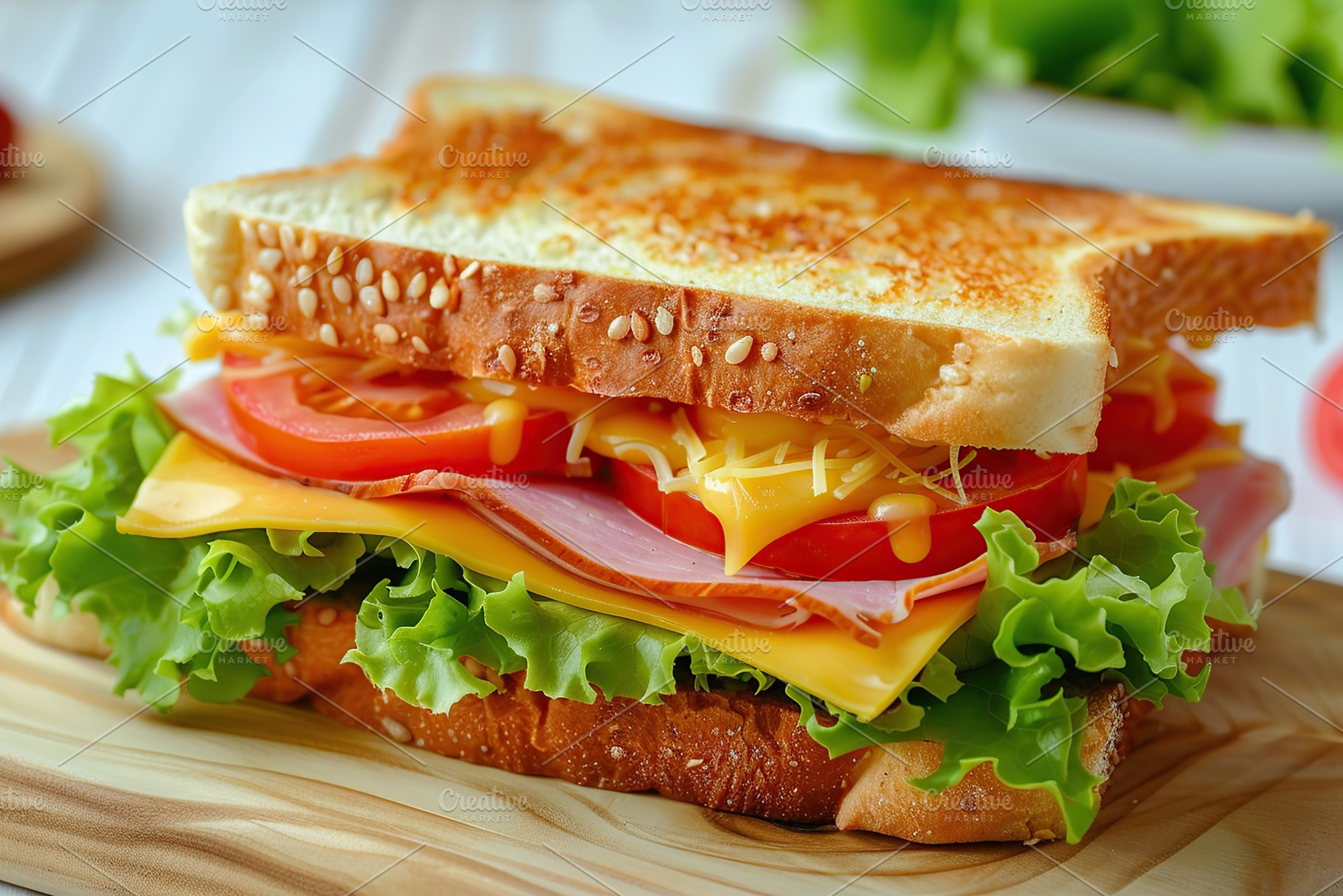 Toast sandwich with cheese, turkey ham, tomato and fresh lettuce on wooden back, a Food & Drink Photo by AlyaAnd