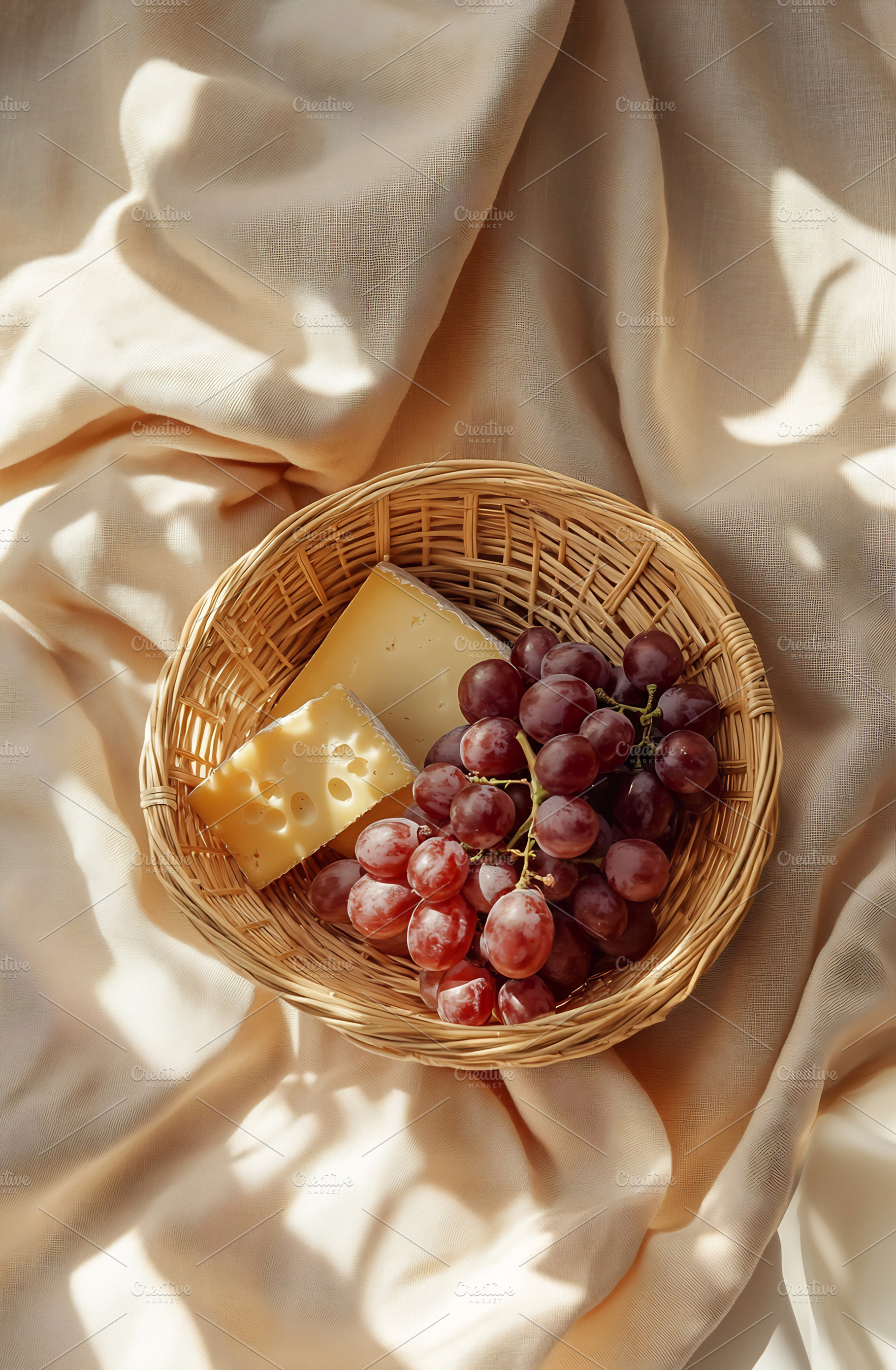Fresh grapes and cheese in a basket, a Food & Drink Photo by Beautiful things