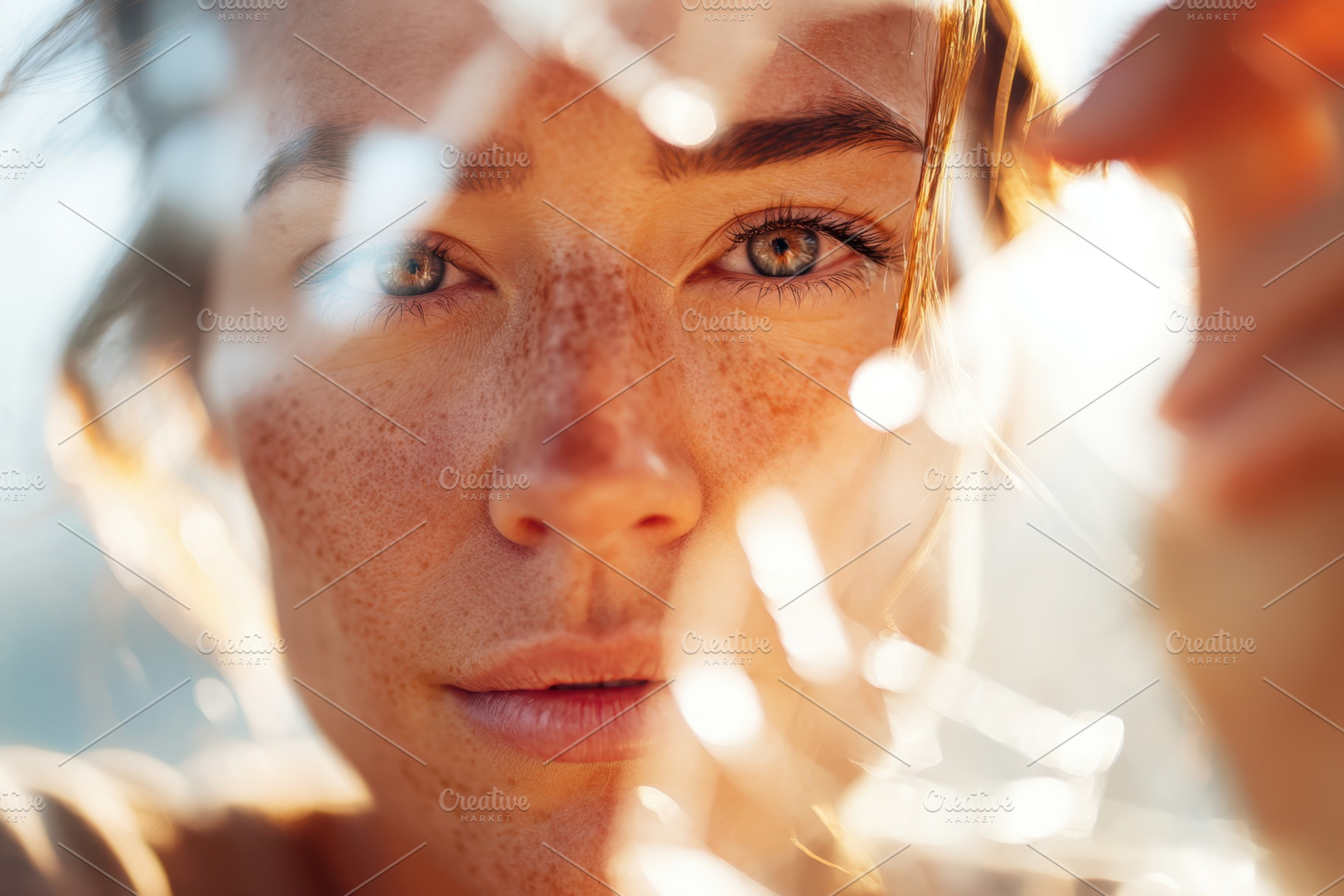 Woman's portrait through broken glass in sunlight, a Person Photo by AlyaAnd