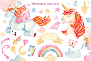 Romantic Unicorns. Watercolor.