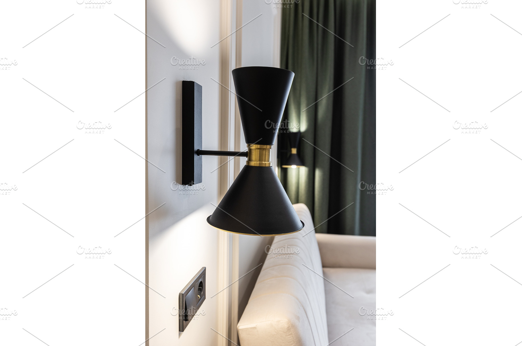 Close up wall lamp with curtains and, an Architecture Photo by wip3out