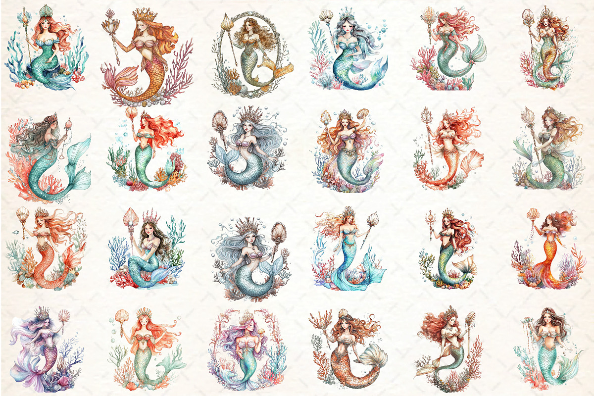 Watercolor Mermaid Clipart, an Illustration by DreamCafeArt (Photo 3 of 3)