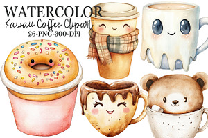 Watercolor Kawaii Coffee Cup Clipart, an Illustration by Rose Art
