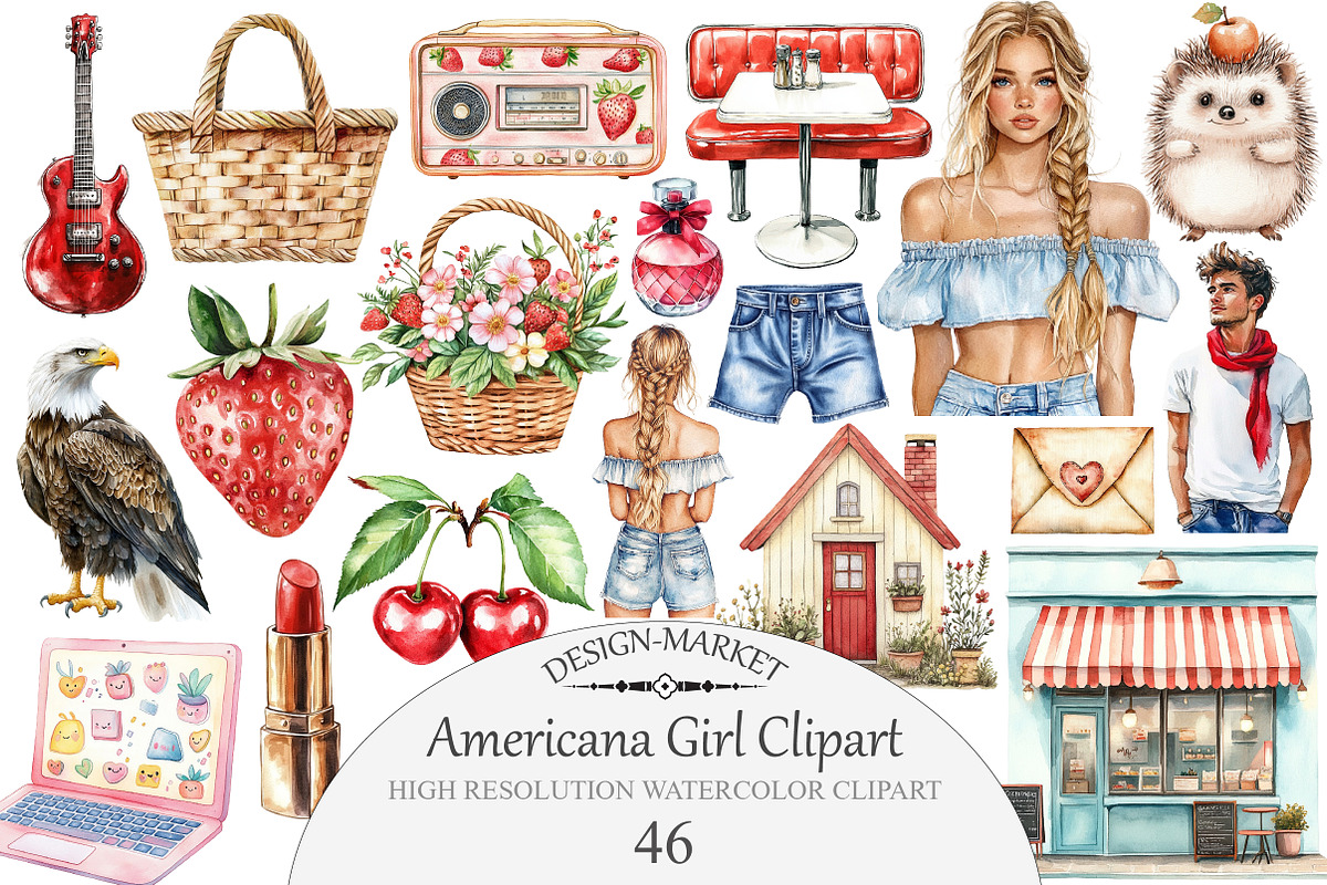 Watercolor Americana Girl Clipart, an Illustration by Design Market (Photo 1 of 5)