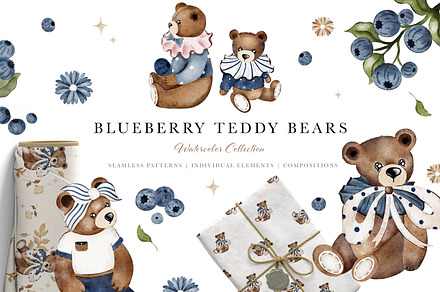 Blueberry Teddy Bears Watercolor Set, an Animal Illustration by Pati Paints