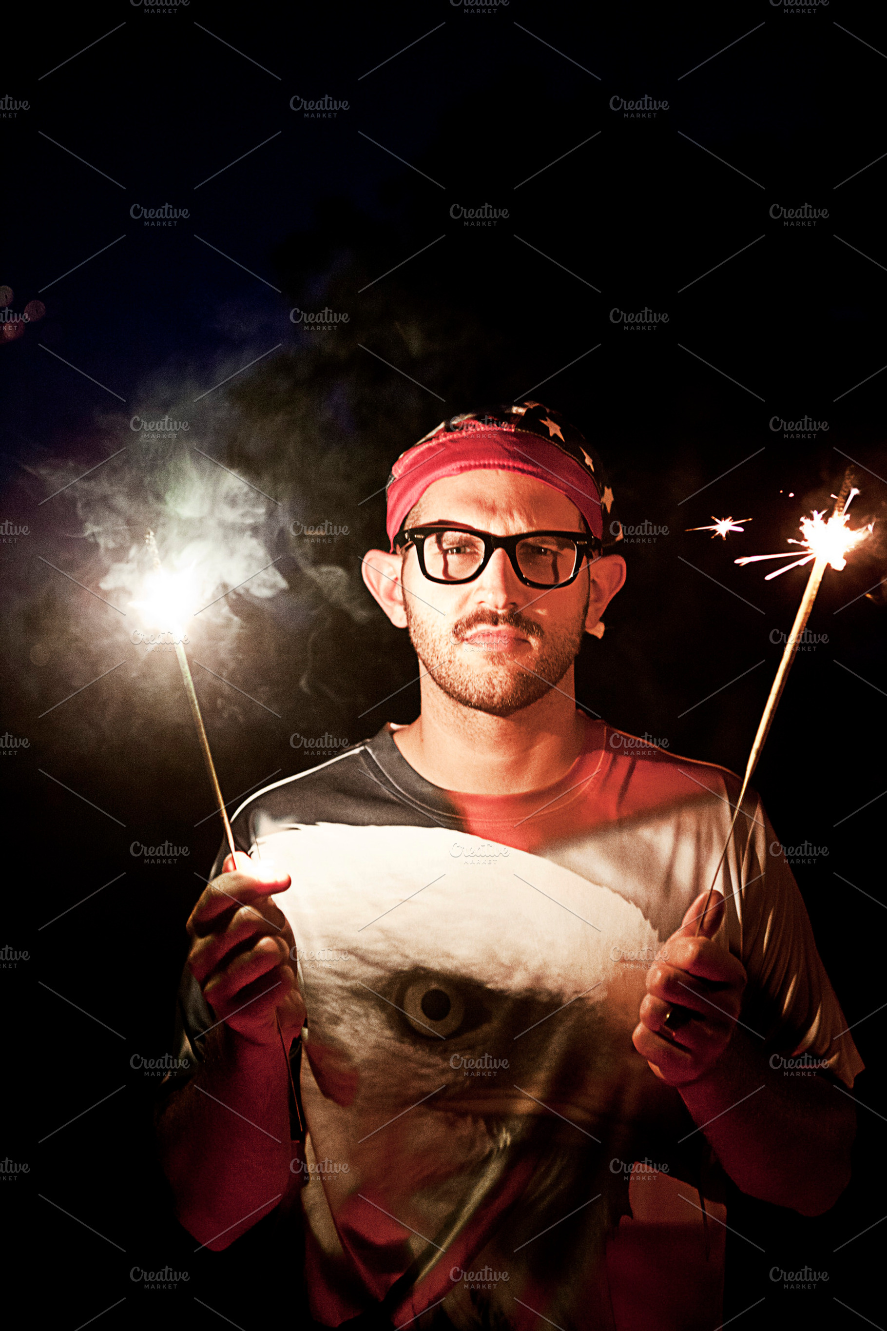 Patriotic Man Holding Sparklers