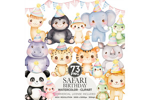 Safari Birthday Watercolor Clipart, an Illustration by CharmClipart