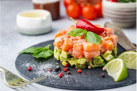Salmon salad, tartare, a Food & Drink Photo by piter.goskov
