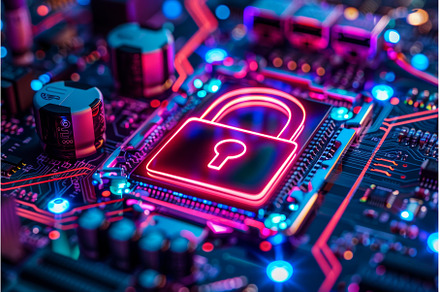 glowing padlock on a digital circuit, a Technology Photo by Neirfy