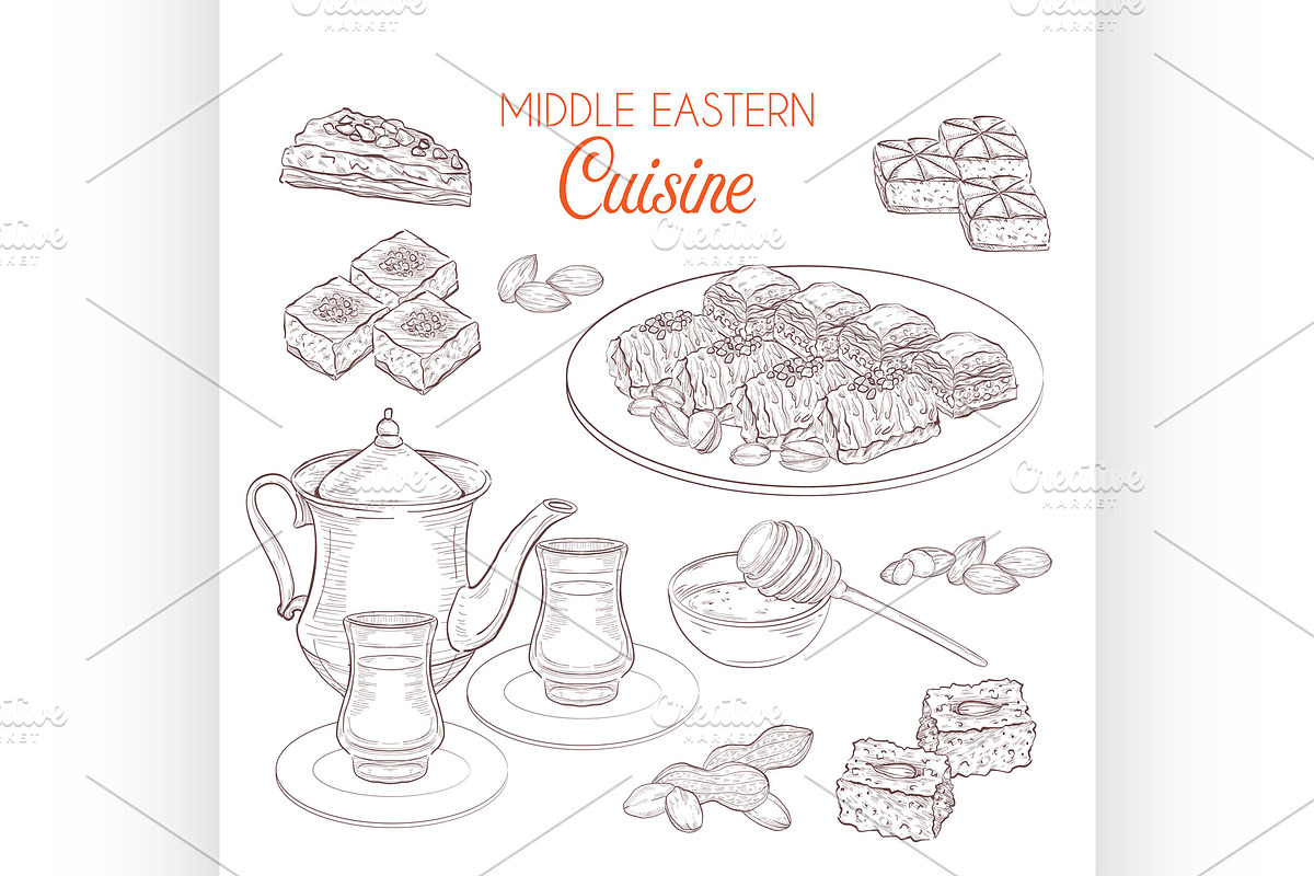 Arabic Food. Middle Eastern sweets a, a Food Illustration by Netkoff