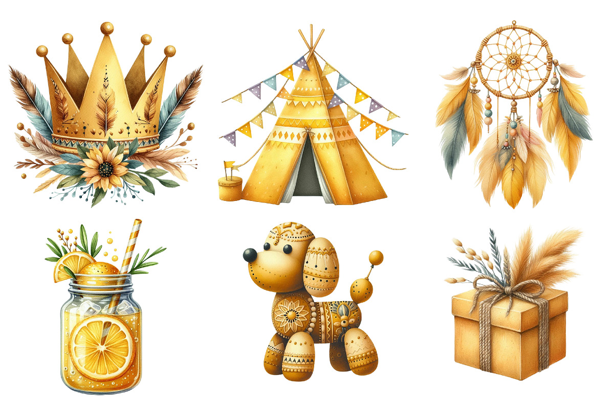 Boho Mustard Yellow Birthday Clipart, an Illustration by SinaCreation (Photo 3 of 5)