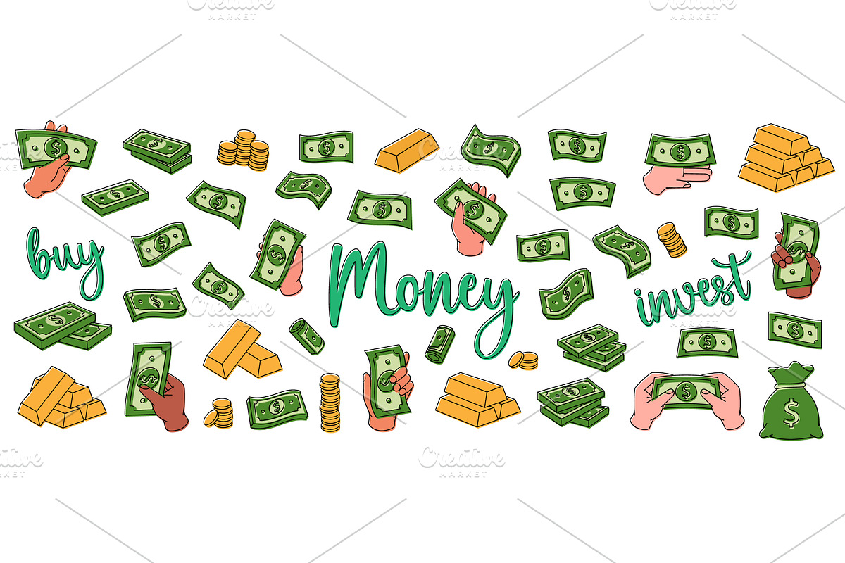 Dollar money set. Flying cash, green, a Finance Illustration by GraphiShop