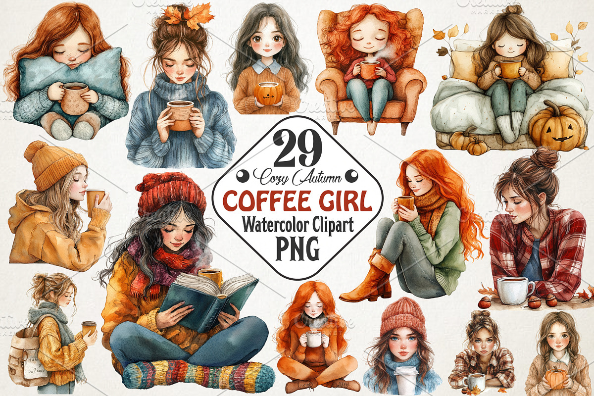 Cozy Autumn Coffee Girl Clipart Bund, an Illustration by RobertsArt (Photo 1 of 7)