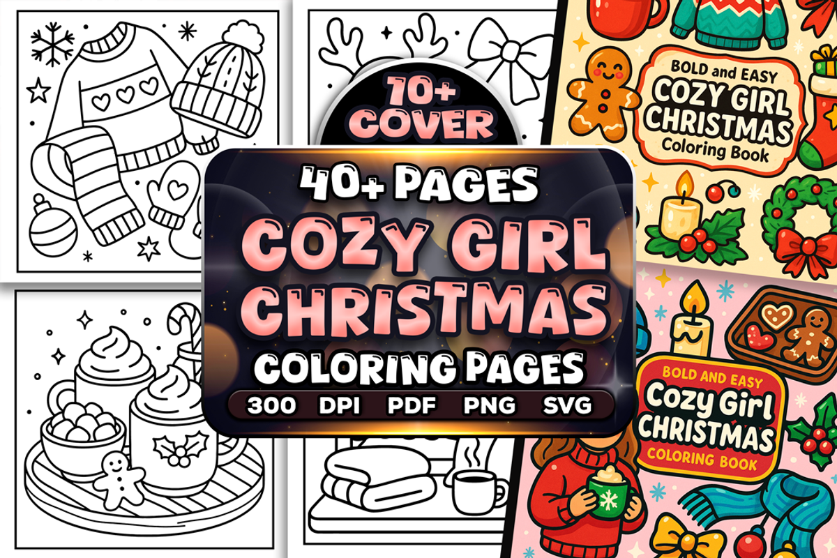 Easy Cozy Girl Christmas Coloring, a Seasonal Illustration by Craftsbeefy (Photo 1 of 4)