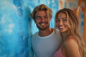 Cheerful young couple smiling against a colorful wall., a Person Photo by ImageMir