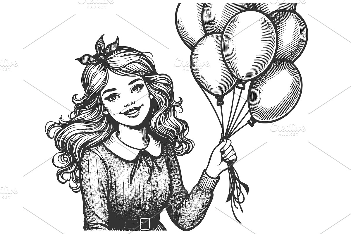 girl smiling with balloons in hand, an Illustration by AlexArt