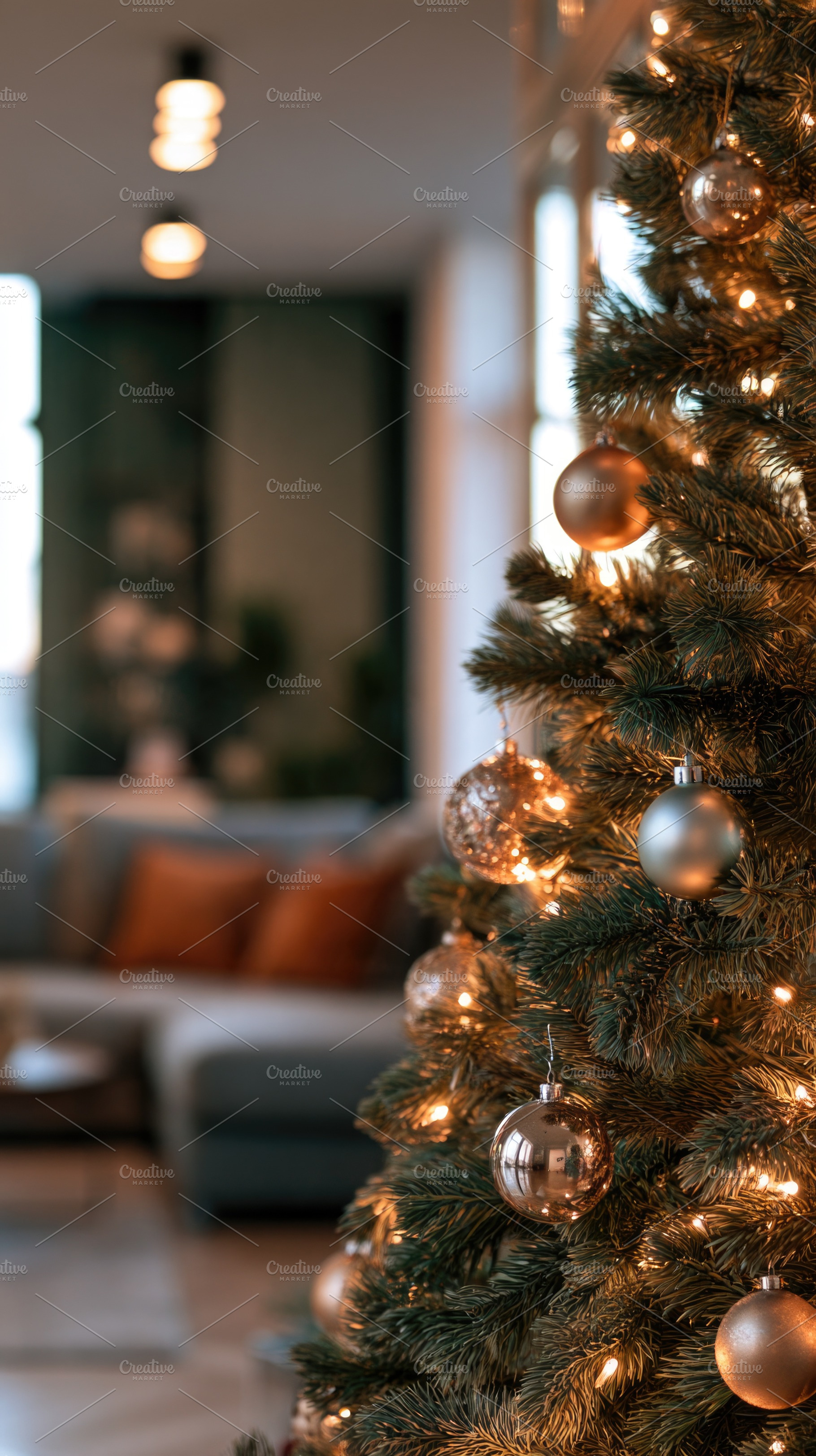 Elegant Christmas tree with warm lights in cozy living room, a Holiday Photo by José Manuel Gelpi